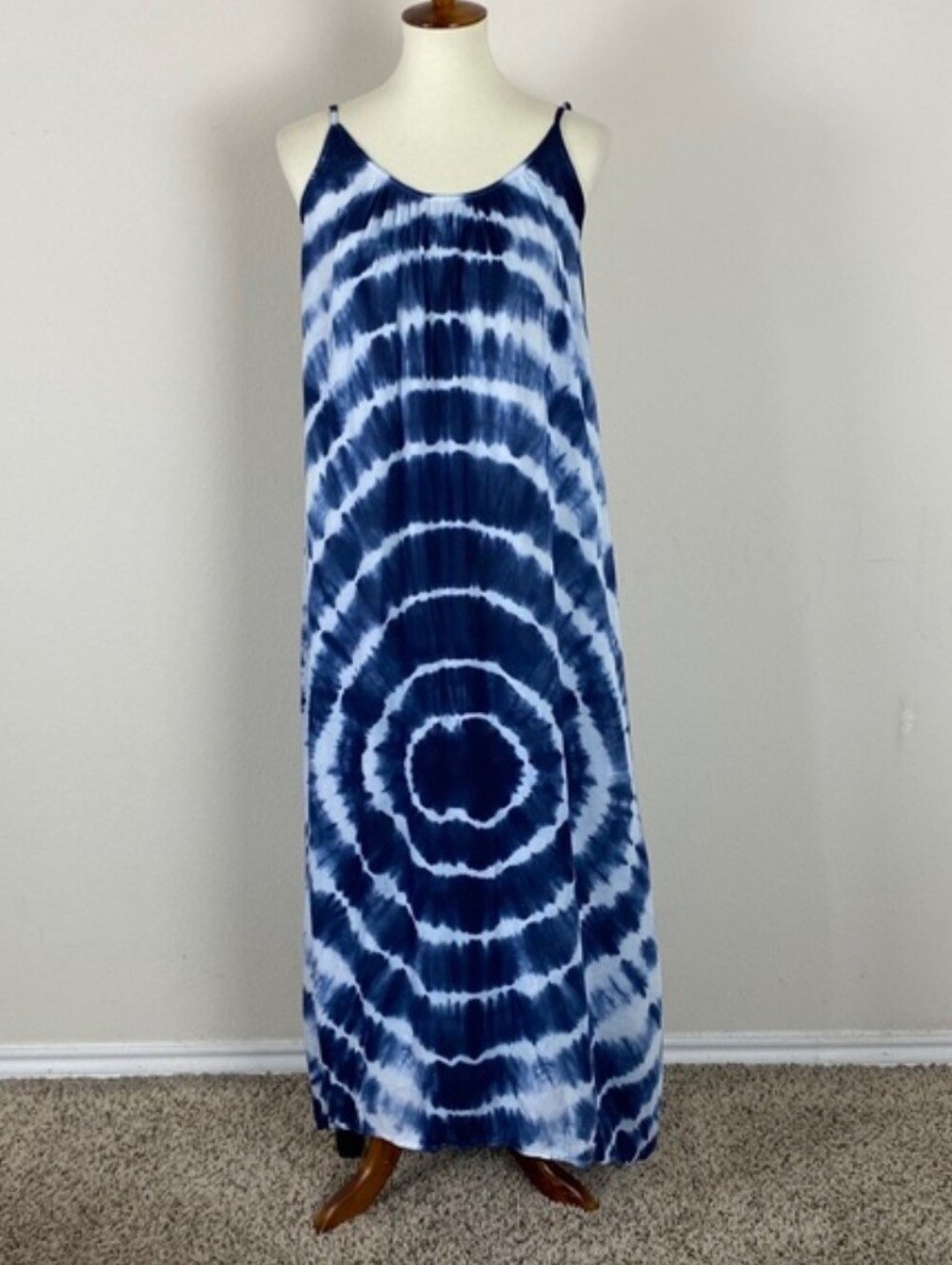 Raviya Blue Tie Dye Boho Hippie Embellished Strappy Fairy Maxi Dress Size Large - Picture 2 of 16